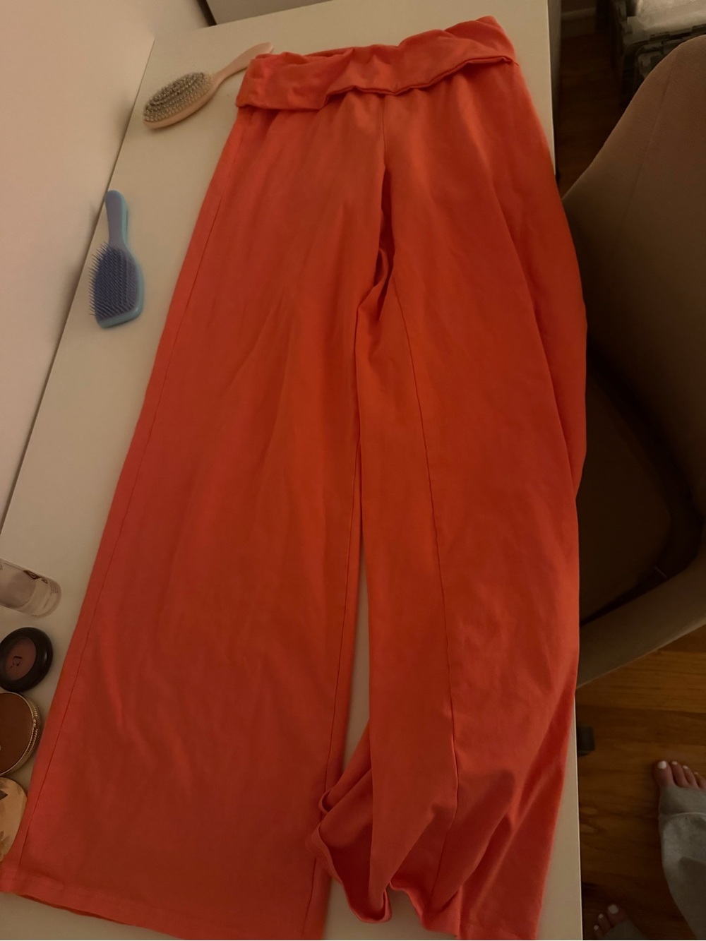 Amazon Wide-Leg Fold-Over Waist Pants in Coral Orange